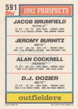 1992 Topps #591 1992 Top Prospects Outfielders (Jacob Brumfield / Jeromy Burnitz / Alan Cockrell / D.J. Dozier) Back