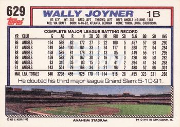 1992 Topps #629 Wally Joyner Back