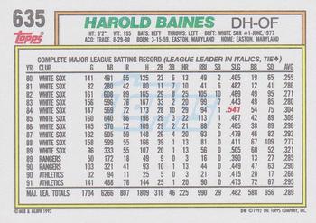 1992 Topps #635 Harold Baines Back
