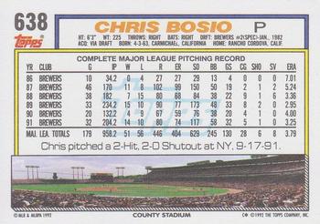 1992 Topps #638 Chris Bosio Back