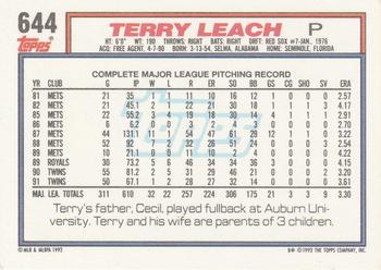 1992 Topps #644 Terry Leach Back
