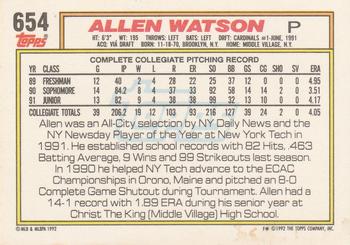 1992 Topps #654 Allen Watson Back