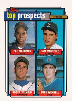1992 Topps #676 1992 Top Prospects Pitchers (Pat Mahomes / Sam Militello / Roger Salkeld / Turk Wendell) Front