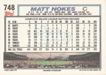 1992 Topps #748 Matt Nokes Back