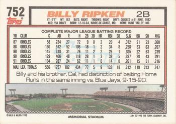 1992 Topps #752 Billy Ripken Back