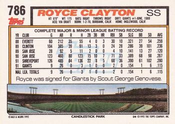 1992 Topps #786 Royce Clayton Back