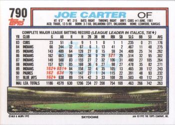 1992 Topps #790 Joe Carter Back