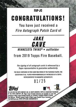 2019 Topps Fire - Fire Autograph Patch #FAP-JC Jake Cave Back