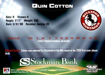 2019 Grandstand Billings Mustangs #NNO Quin Cotton Back