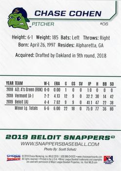2019 Choice Beloit Snappers #6 Chase Cohen Back