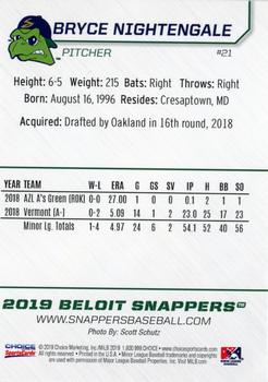 2019 Choice Beloit Snappers #21 Bryce Nightengale Back