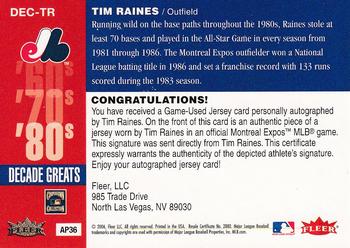 2006 Fleer Greats of the Game - Decade Greats Autograph Memorabilia #DEC-TR Tim Raines Back
