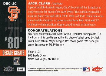 2006 Fleer Greats of the Game - Decade Greats Memorabilia #DEC-JC Jack Clark Back