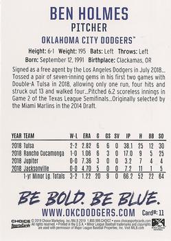 2019 Choice Oklahoma City Dodgers #11 Ben Holmes Back
