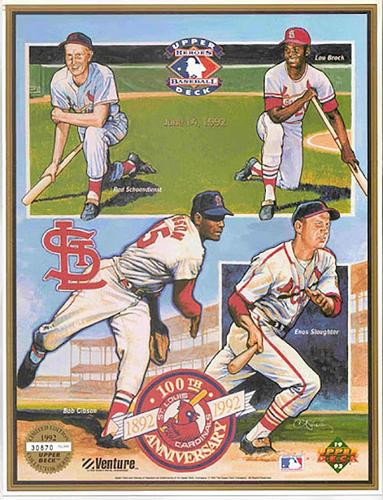 1992 Upper Deck Heroes of Baseball Commemorative Sheets #NNO Red Schoendienst / Bob Gibson / Enos Slaughter / Lou Brock Front
