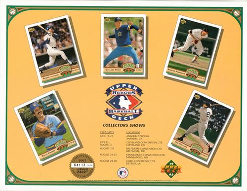 1992 Upper Deck Heroes of Baseball Commemorative Sheets #NNO Reggie Jackson / Gaylord Perry / Brooks Robinson / Rollie Fingers / Ted Williams Front