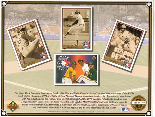 1992 Upper Deck Heroes of Baseball Commemorative Sheets #NNO Vida Blue / Rollie Fingers / Lou Brock Front