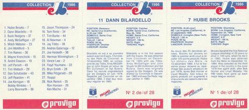 1986 Provigo Montreal Expos - Panels #1 / 2 / NNO Hubie Brooks / Dann Bilardello / Fruit Fantasy Coupon Back