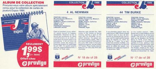 1986 Provigo Montreal Expos - Panels #17 / 18 / NNO Tim Burke / Al Newman / Maple Leaf Coupon Back
