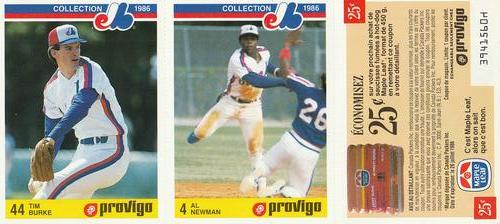 1986 Provigo Montreal Expos - Panels #17 / 18 / NNO Tim Burke / Al Newman / Maple Leaf Coupon Front