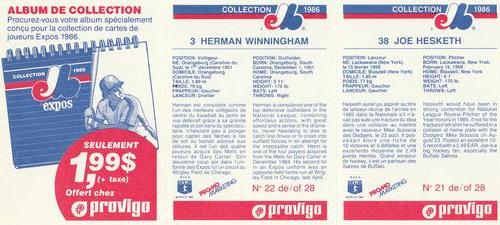 1986 Provigo Montreal Expos - Panels #21 / 22 / NNO Joe Hesketh / Herman Winningham / Youppi! Ultramar Coupon Back
