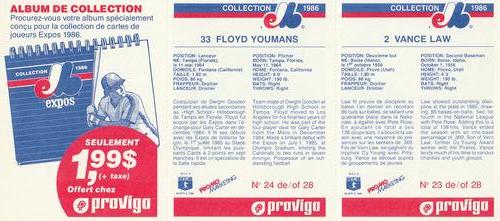 1986 Provigo Montreal Expos - Panels #23 / 24 / NNO Vance Law / Floyd Youmans / Heinz Coupon Back