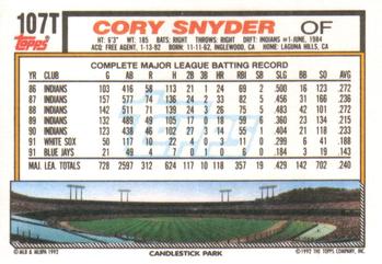 1992 Topps Traded #107T Cory Snyder Back