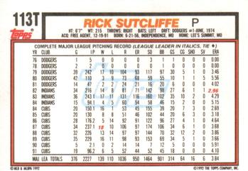 1992 Topps Traded #113T Rick Sutcliffe Back