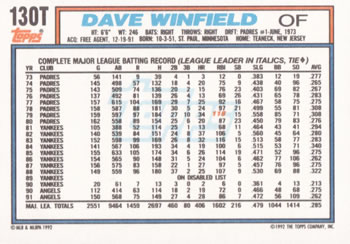 1992 Topps Traded #130T Dave Winfield Back