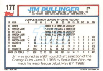 1992 Topps Traded #17T Jim Bullinger Back