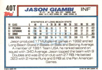 1992 Topps Traded #40T Jason Giambi Back
