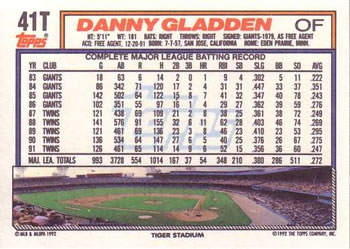 1992 Topps Traded #41T Danny Gladden Back