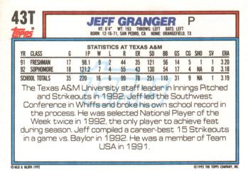 1992 Topps Traded #43T Jeff Granger Back