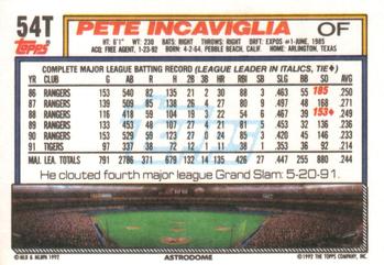 1992 Topps Traded #54T Pete Incaviglia Back