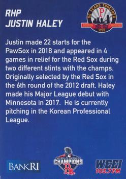 2019 BankRI/WEEI Pawtucket Red Sox World Series Champions Boston Red Sox #NNO Justin Haley Back