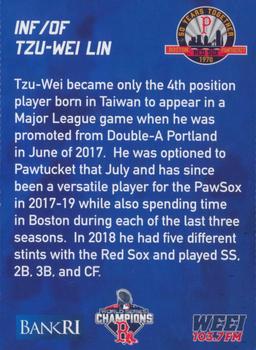 2019 BankRI/WEEI Pawtucket Red Sox World Series Champions Boston Red Sox #NNO Tzu-Wei Lin Back