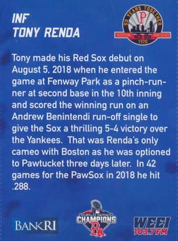 2019 BankRI/WEEI Pawtucket Red Sox World Series Champions Boston Red Sox #NNO Tony Renda Back