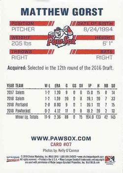 2019 Choice Pawtucket Red Sox #07 Matthew Gorst Back