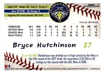 2019 Grandstand Columbia Fireflies #NNO Bryce Hutchinson Back