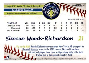 2019 Grandstand Columbia Fireflies #NNO Simeon Woods-Richardson Back
