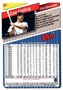 2019 Topps Archives - 1993 Topps Gold #281 Lou Gehrig Back