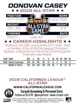 2019 Choice California League All-Star Game #27 Donovan Casey Back
