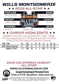 2019 Choice California League All-Star Game #30 Wills Montgomerie Back