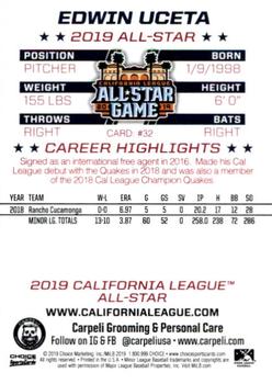 2019 Choice California League All-Star Game #32 Edwin Uceta Back