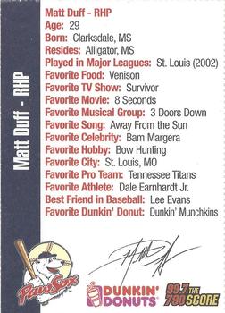 2004 Dunkin' Donuts 99.7/790 The Score Pawtucket Red Sox #NNO Matt Duff Back