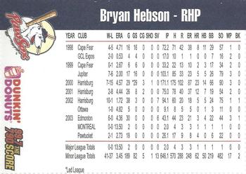 2004 Dunkin' Donuts 99.7/790 The Score Pawtucket Red Sox #NNO Bryan Hebson Back