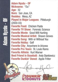 2004 Dunkin' Donuts 99.7/790 The Score Pawtucket Red Sox #NNO Adam Hyzdu Back