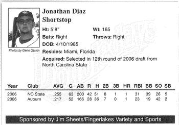 2007 Jim Sheets Fingerlakes Variety and Sports Auburn Doubledays #NNO Jonathan Diaz Back
