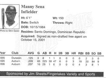 2007 Jim Sheets Fingerlakes Variety and Sports Auburn Doubledays #NNO Manny Sena Back