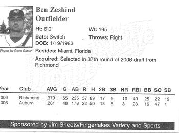2007 Jim Sheets Fingerlakes Variety and Sports Auburn Doubledays #NNO Ben Zeskind Back